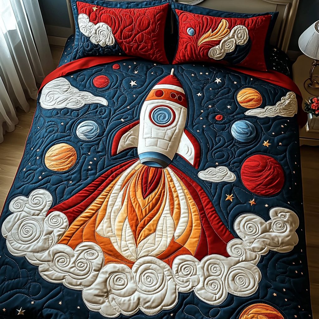 Rocket Horizon quilted 3-piece bedding set on a made bed with two matching pillow shams
