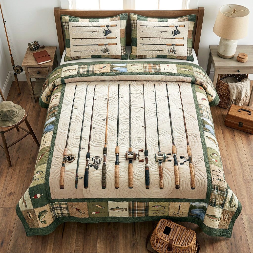 Rod Collection quilted 3-piece bedding set on a made bed with two matching pillow shams