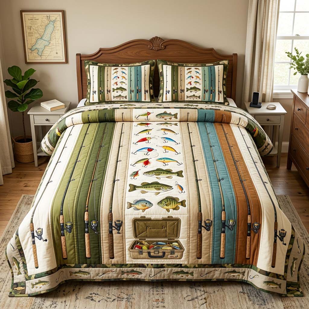 Rod Line quilted 3-piece bedding set on a made bed with two matching pillow shams