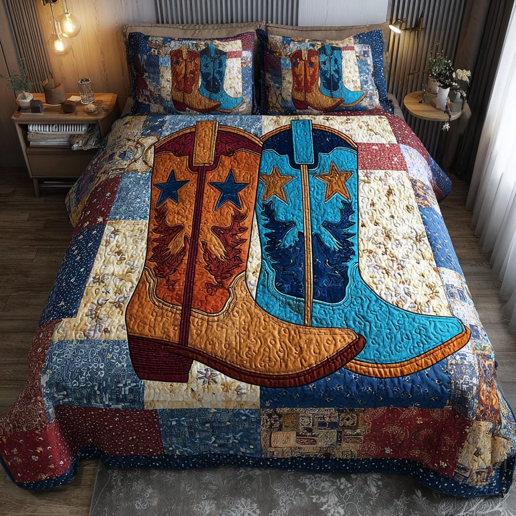 Rodeo Boots quilted 3-piece bedding set on a made bed in a rustic timber bedroom