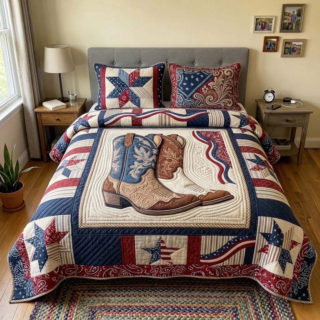 Rodeo Heritage quilted 3-piece bedding set on a made bed in a rustic timber bedroom