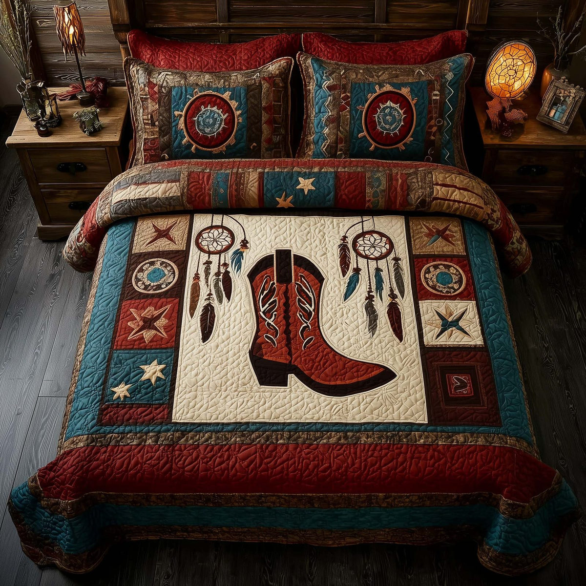 Rodeo Roundup quilted 3-piece bedding set on a made bed in a rustic timber bedroom