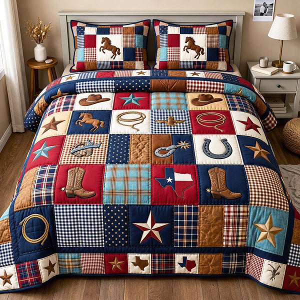 Rodeo Spirit quilted 3-piece bedding set on a made bed in a rustic timber bedroom