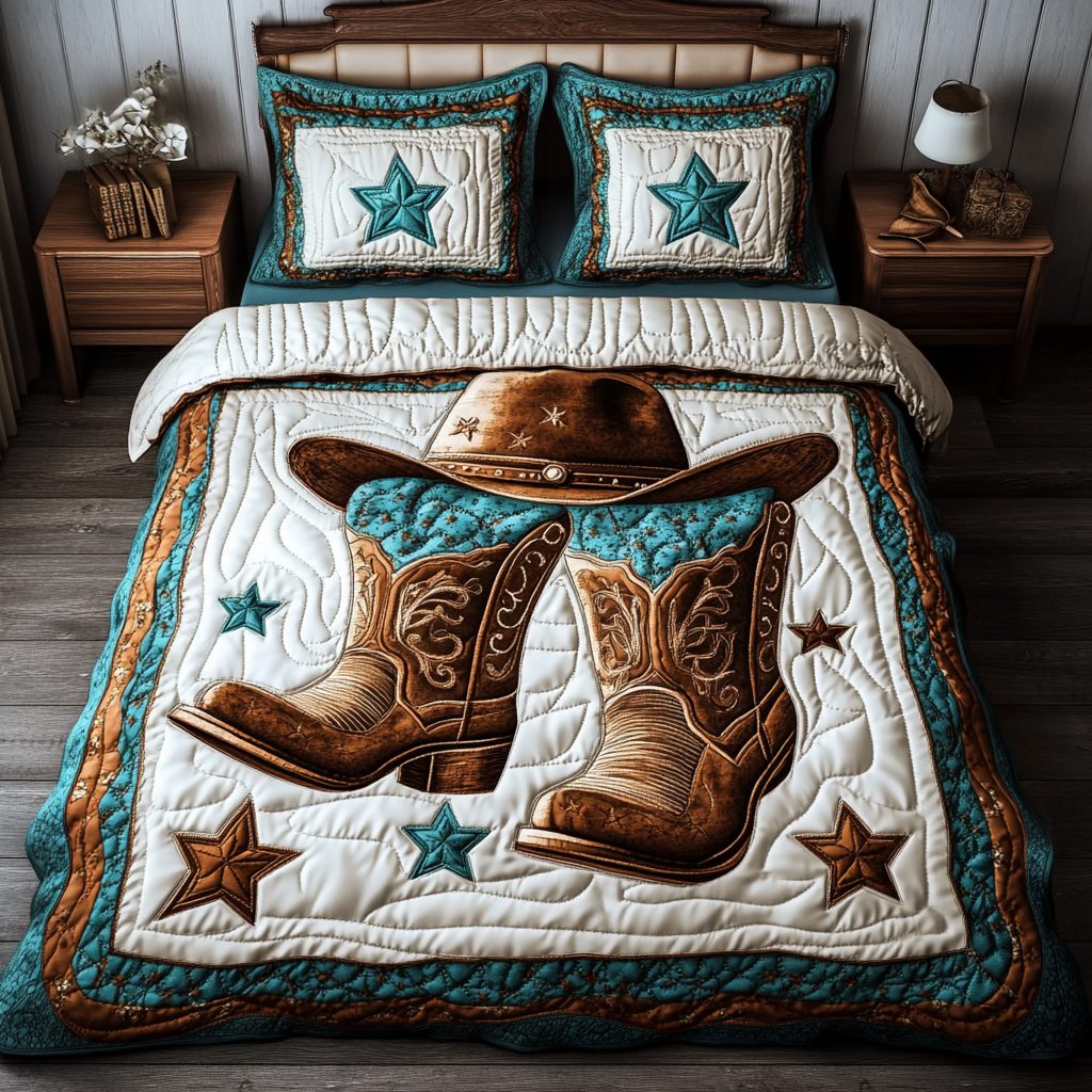 Rodeo Spirit quilted 3-piece bedding set on a made bed in a rustic timber bedroom