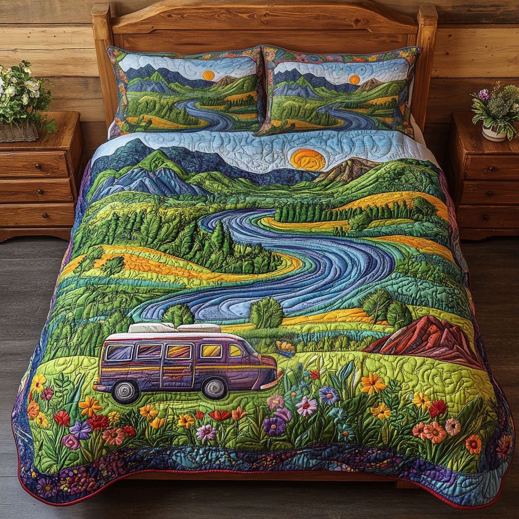 Rolling Hills Adventure quilted 3-piece bedding set on a made bed in a winter-styled bedroom