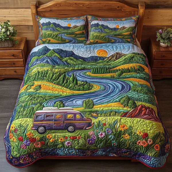 Rolling Hills Adventure quilted 3-piece bedding set on a made bed in a winter-styled bedroom