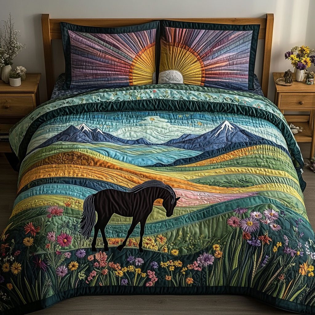 Rolling Hills and Hooves quilted 3-piece bedding set on a made bed with two matching pillow shams