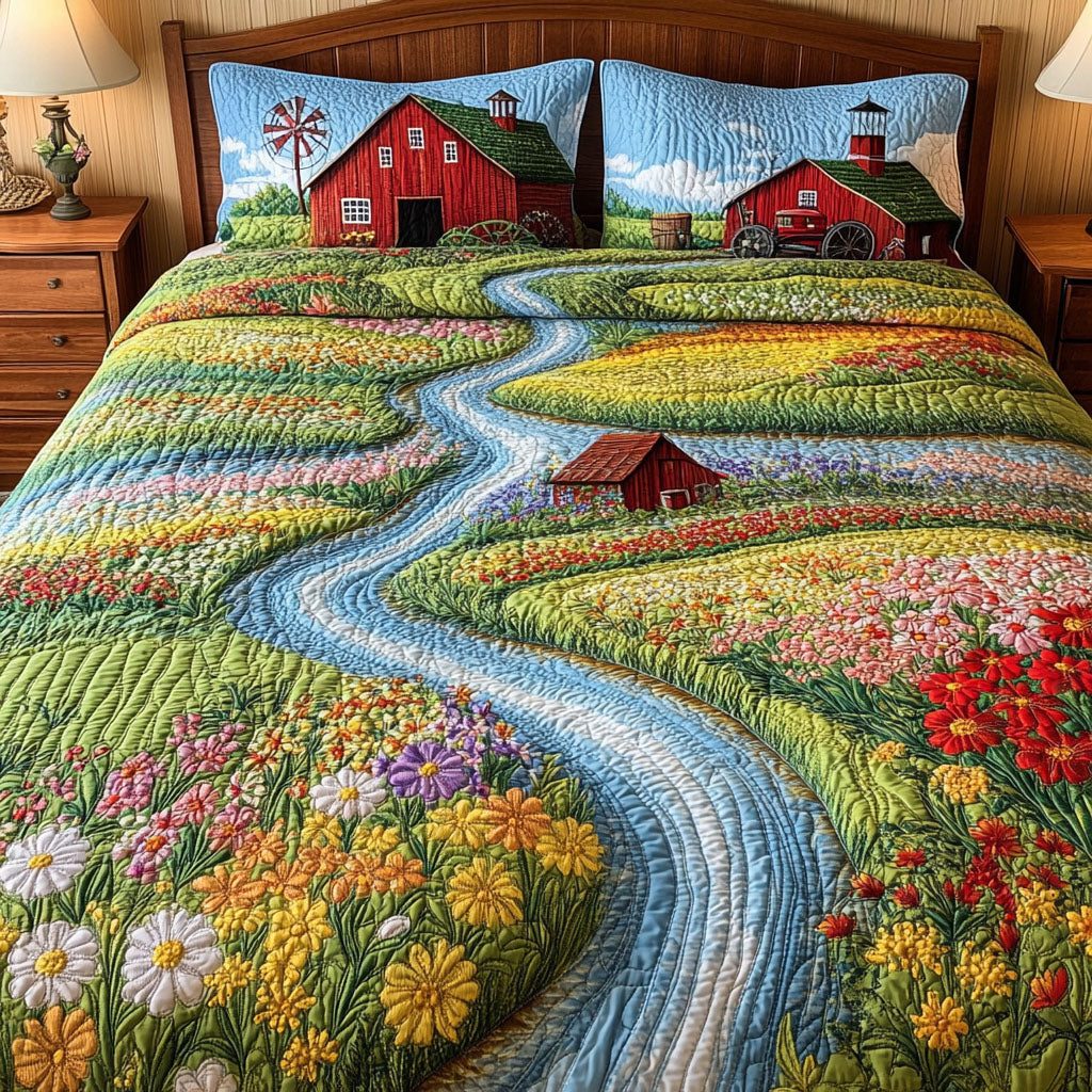 Rolling Hills quilted 3-piece bedding set on a made bed with two matching pillow shams