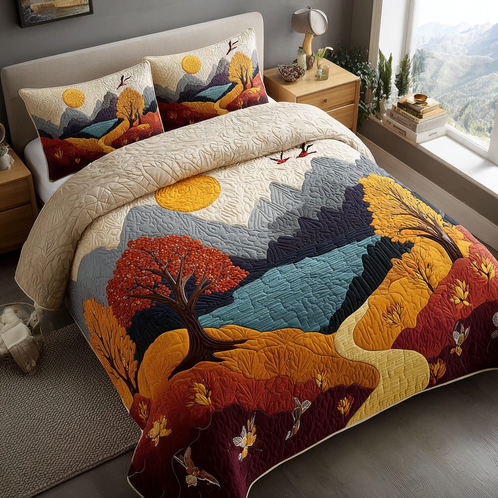 Rolling Hills Village quilted 3-piece bedding set on a made bed with two matching pillow shams