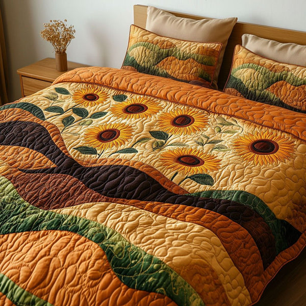 Rolling Sunflower Waves quilted 3-piece bedding set on a made bed in a light coastal bedroom