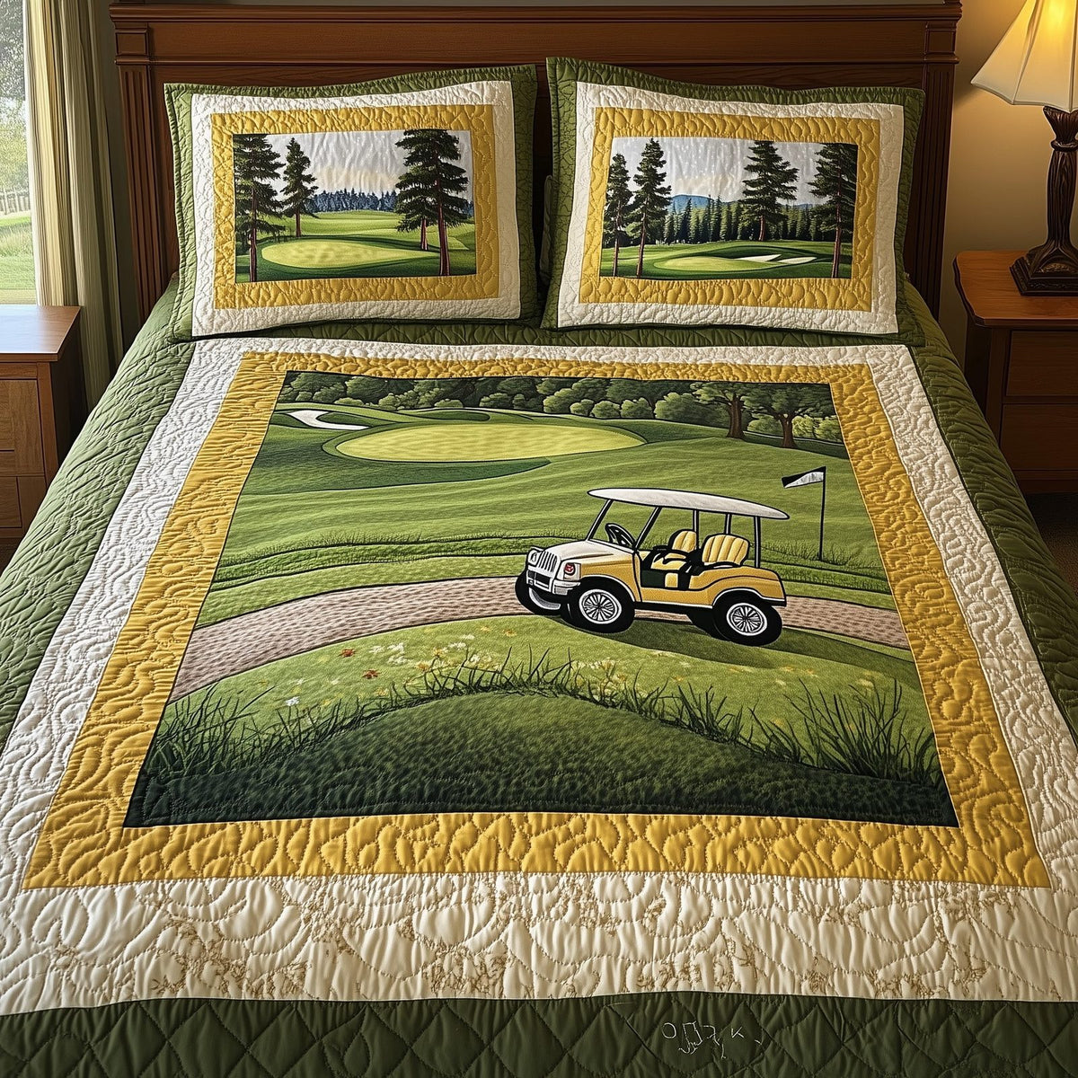Rolling Through the Pines quilted 3-piece bedding set on a made bed with two matching pillow shams