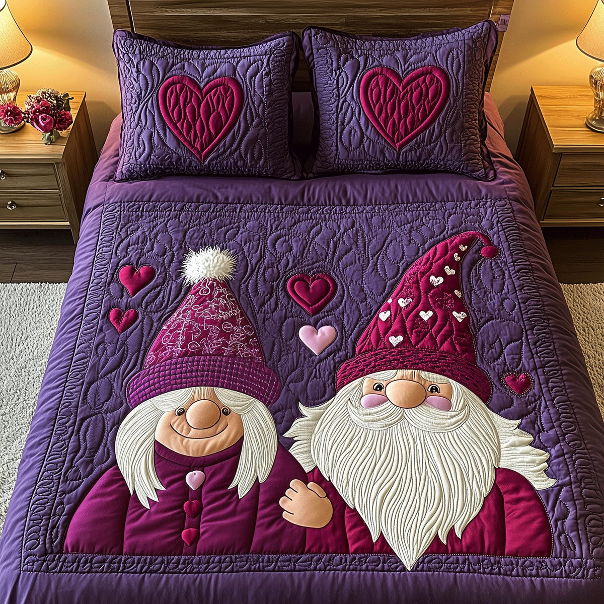 Romance in Harmony quilted 3-piece bedding set on a made bed with two matching pillow shams