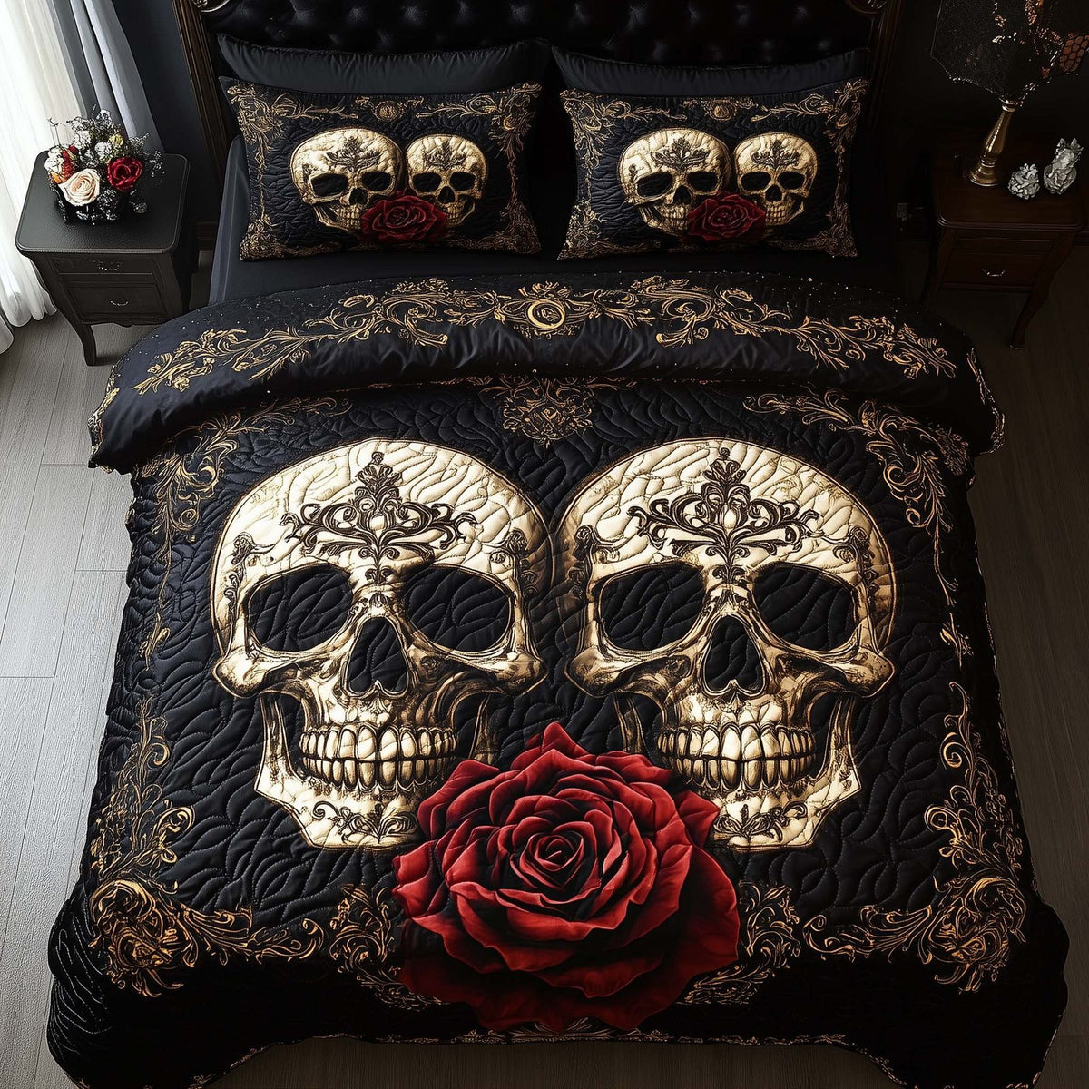 Romantic Gothic Skulls quilted 3-piece bedding set on a made bed against a dark styled interior