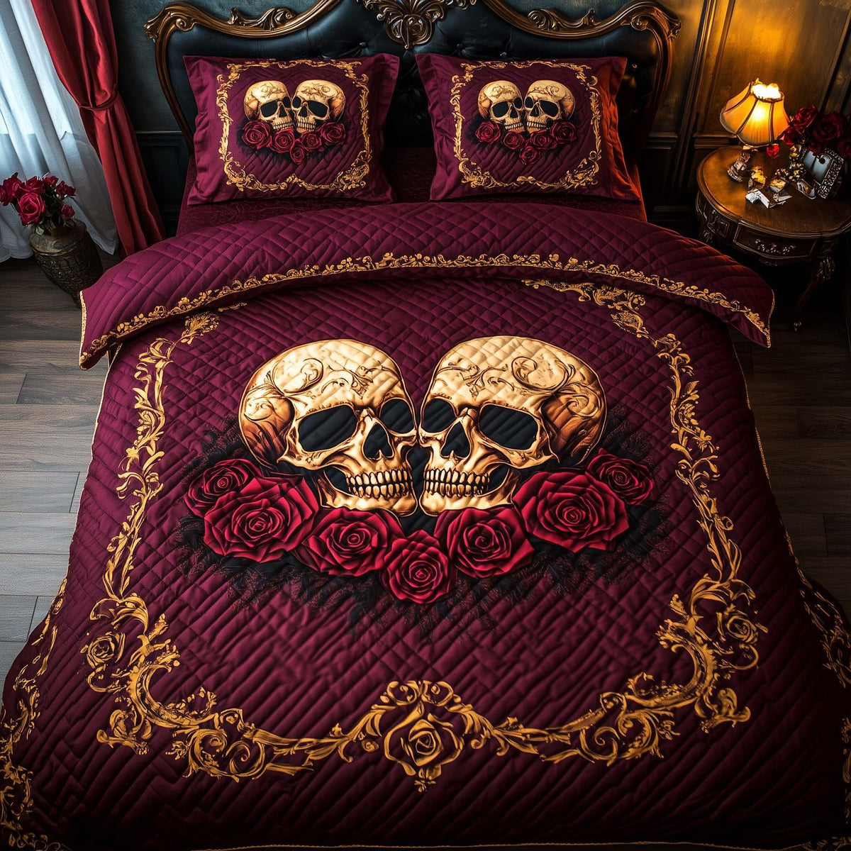 Romantic Gothic Skulls quilted 3-piece bedding set on a made bed against a dark styled interior