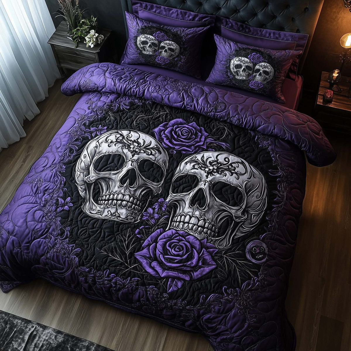 Romantic Gothic Skulls quilted 3-piece bedding set on a made bed against a dark styled interior
