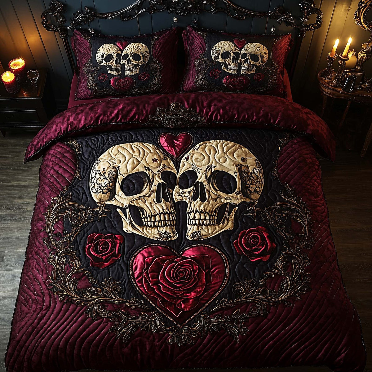 Romantic Gothic Skulls quilted 3-piece bedding set on a made bed against a dark styled interior