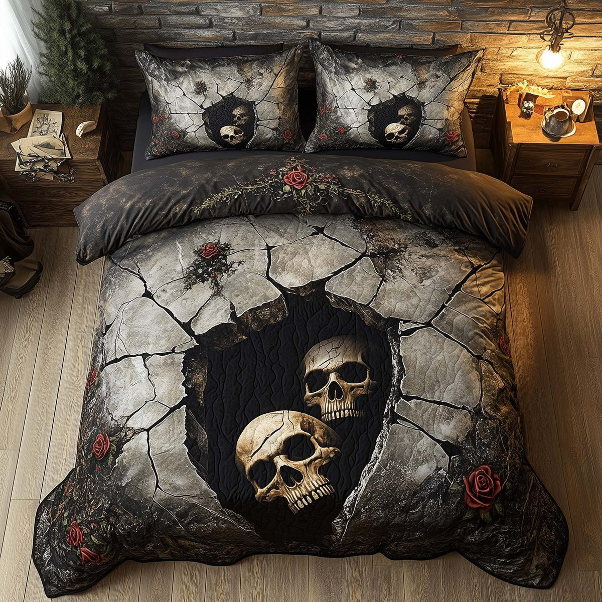 Romantic Gothic Skulls quilted 3-piece bedding set on a made bed against a dark styled interior