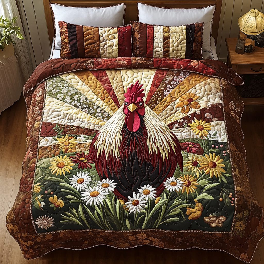 Rooster Bloom quilted 3-piece bedding set on a made bed with two matching pillow shams