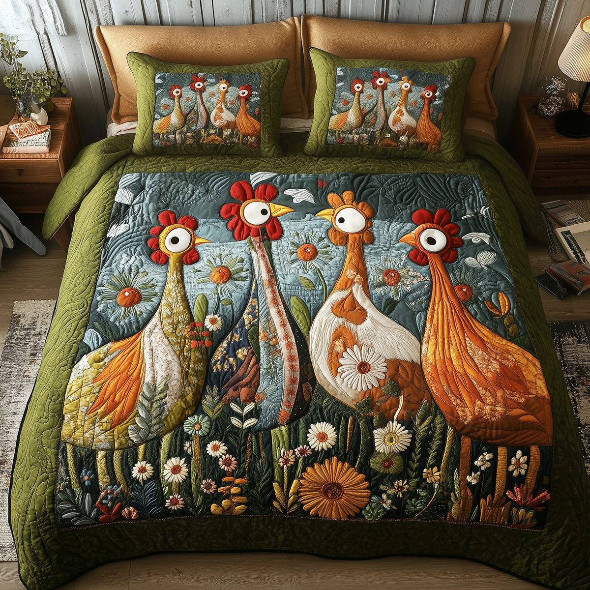 Rooster Garden Retreat quilted 3-piece bedding set on a made bed with two matching pillow shams