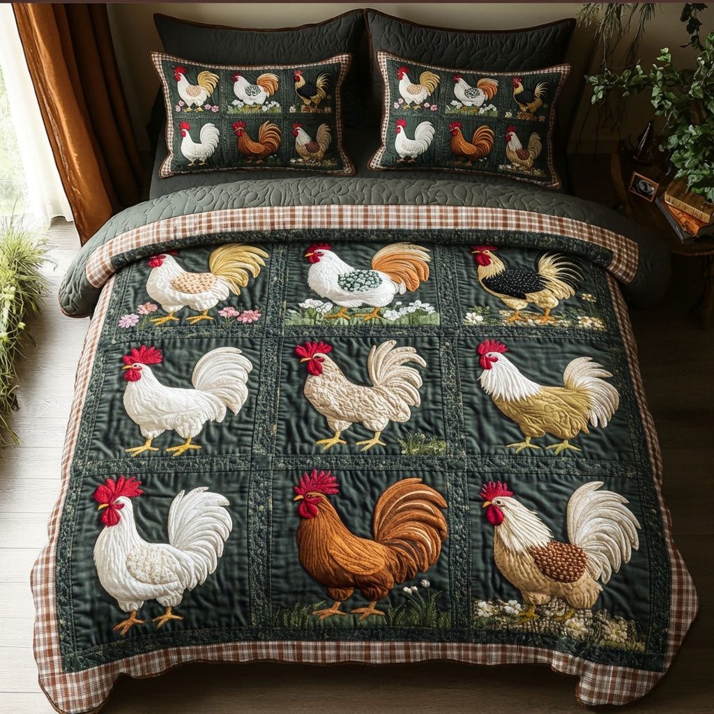Rooster Parade quilted 3-piece bedding set on a made bed with two matching pillow shams