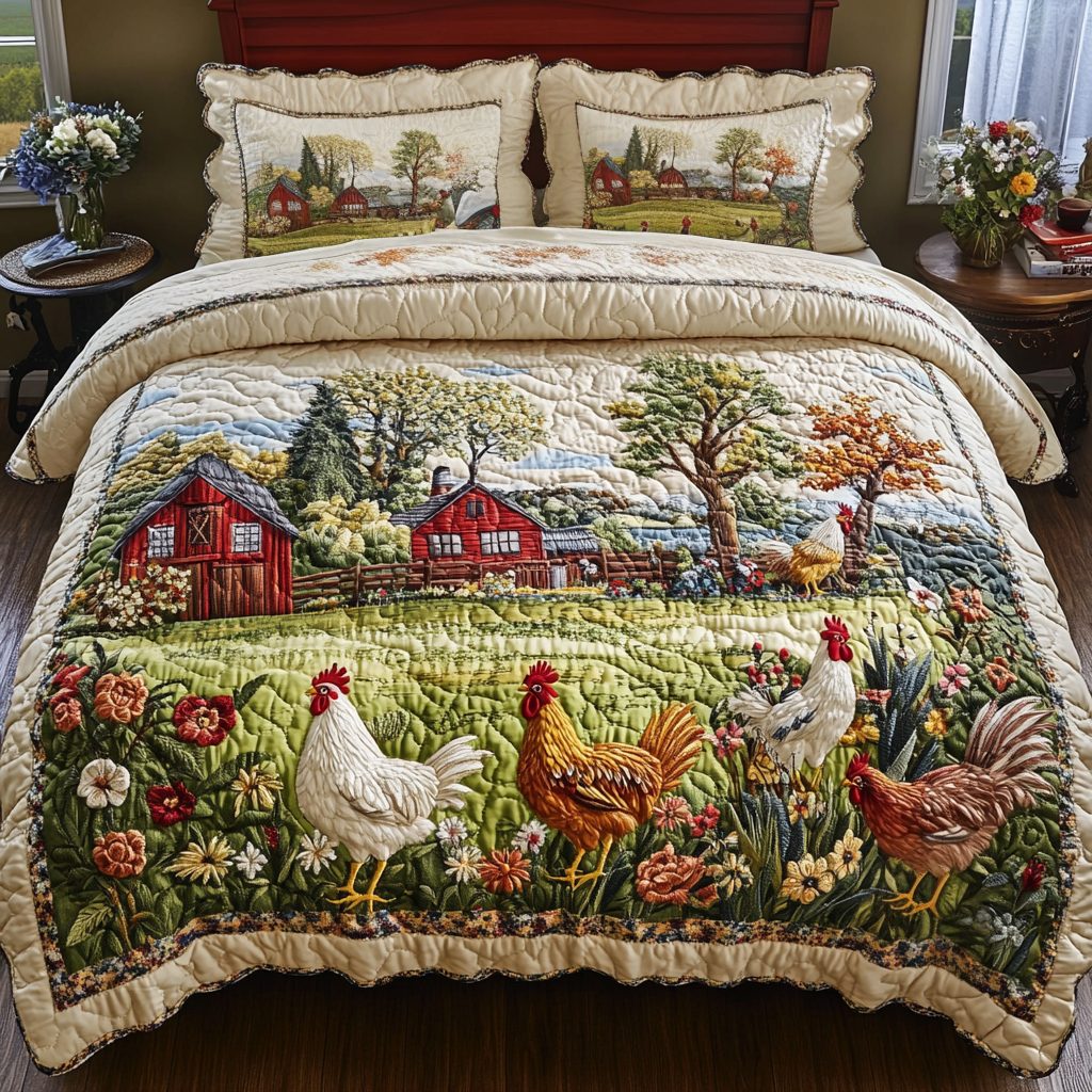 Rooster Ridge quilted 3-piece bedding set on a made bed with two matching pillow shams