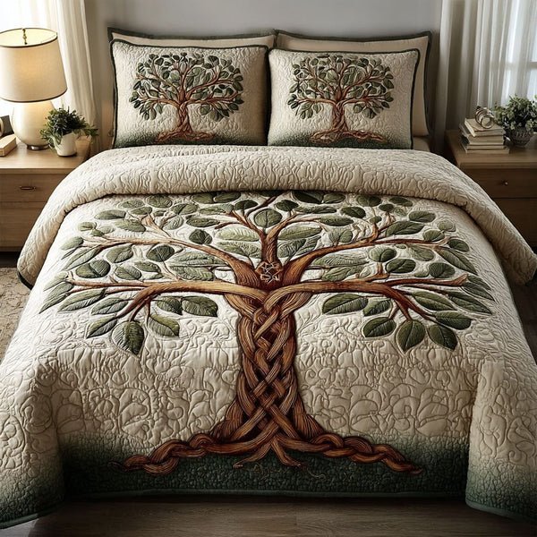 Rooted Glow quilted 3-piece bedding set on a made bed with two matching pillow shams