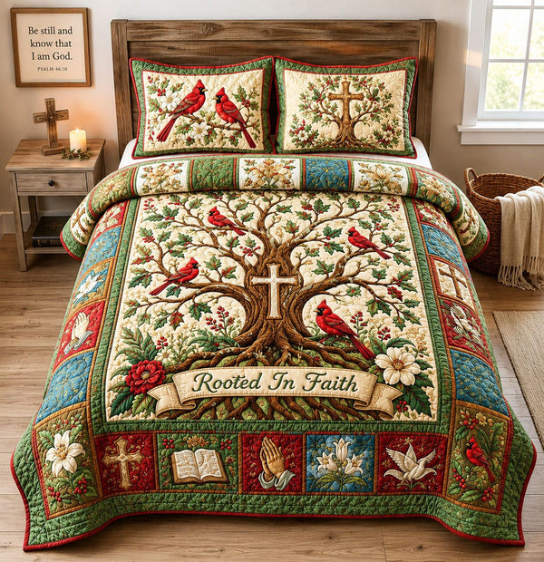 Rooted in Faith Tree of Grace quilted 3-piece bedding set on a made bed in a softly lit bedroom