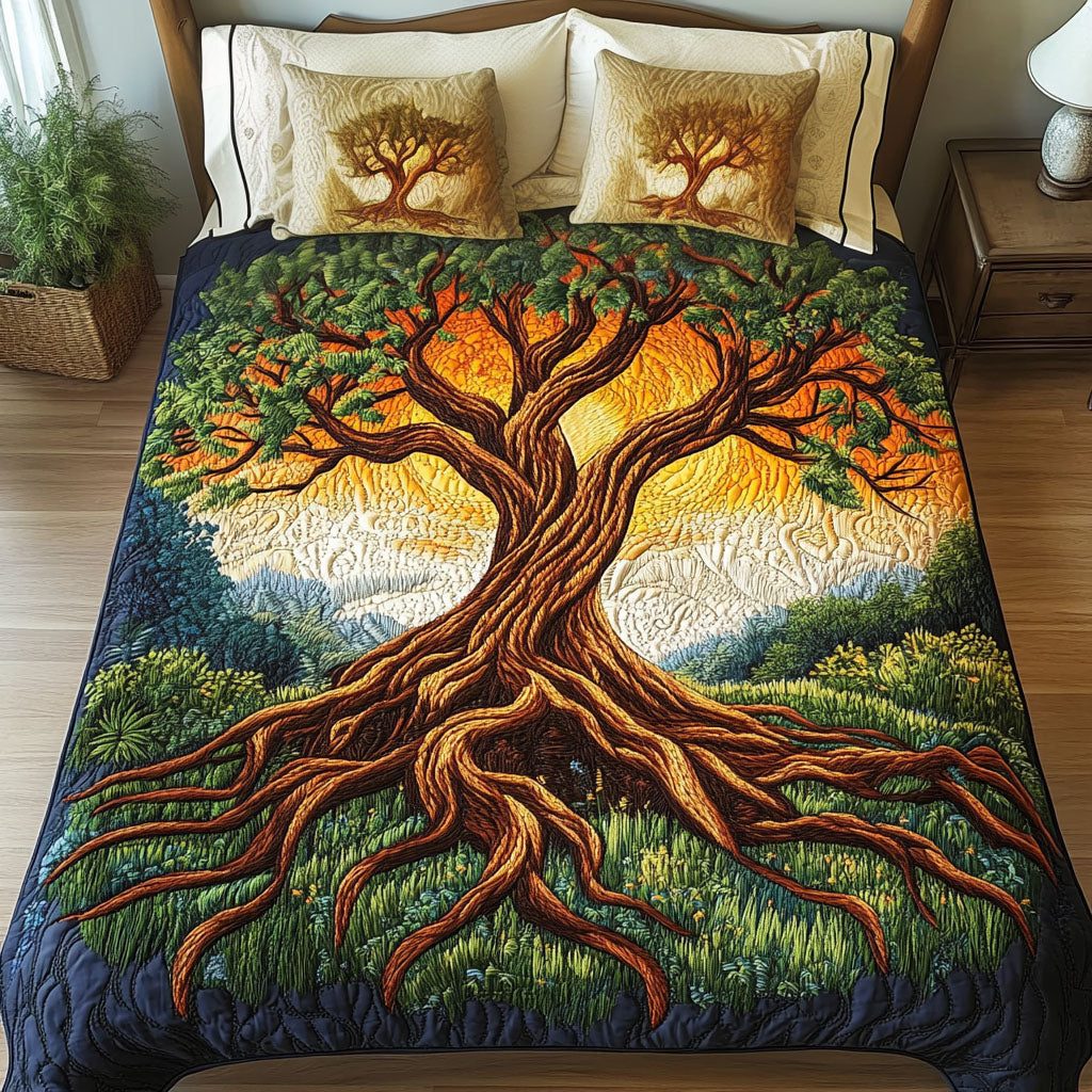 Rooted in Sunshine quilted 3-piece bedding set on a made bed with two matching pillow shams