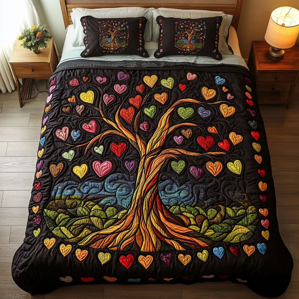 Roots of Passion quilted 3-piece bedding set on a made bed with two matching pillow shams