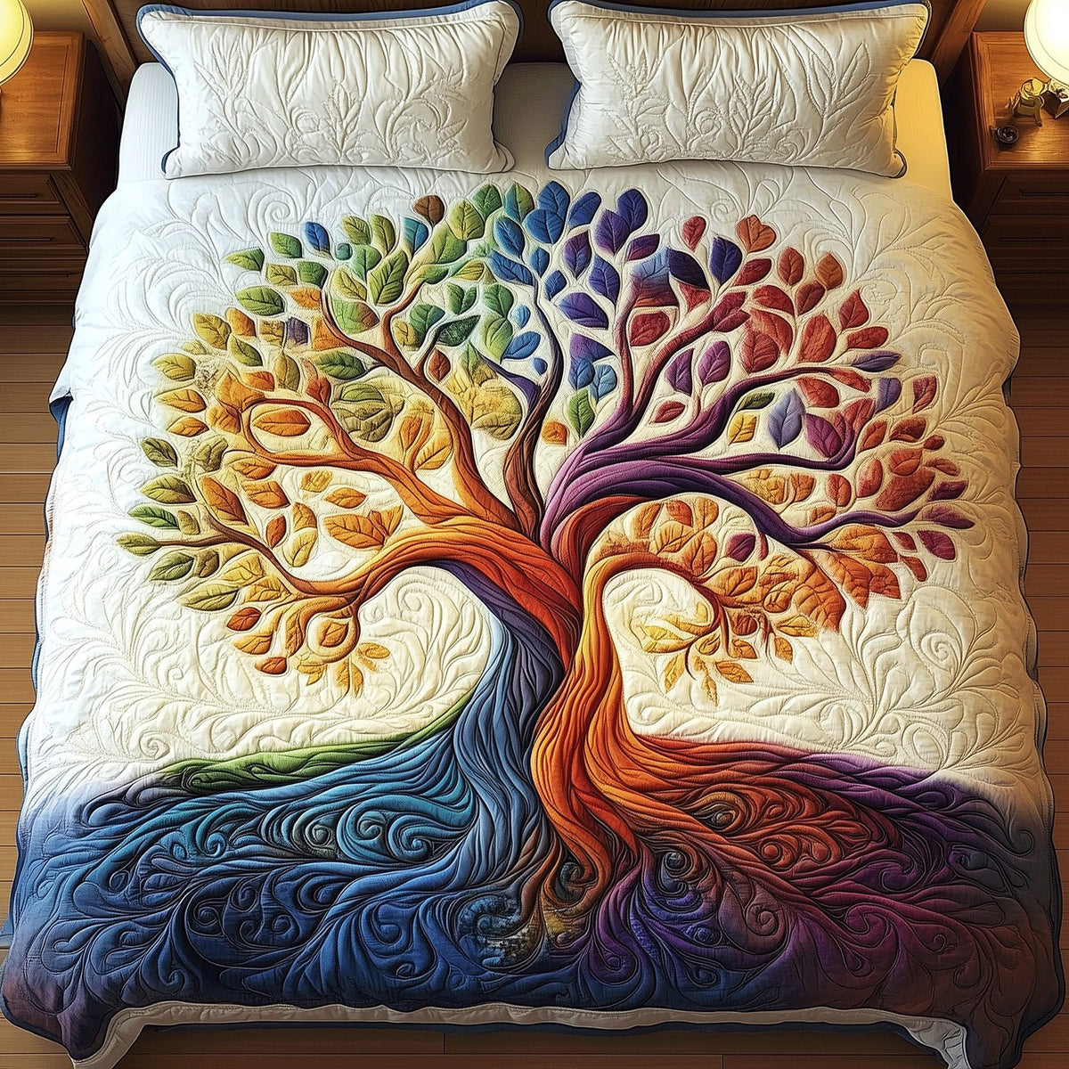 Roots of Serenity quilted 3-piece bedding set on a made bed with two matching pillow shams