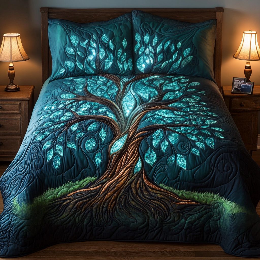 Roots of Serenity quilted 3-piece bedding set on a made bed with two matching pillow shams