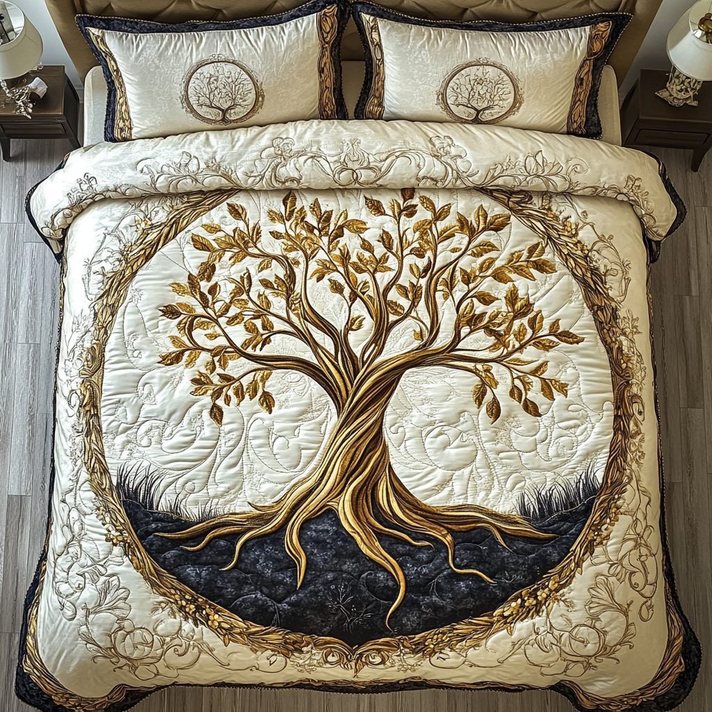 Roots Of Serenity quilted 3-piece bedding set on a made bed with two matching pillow shams