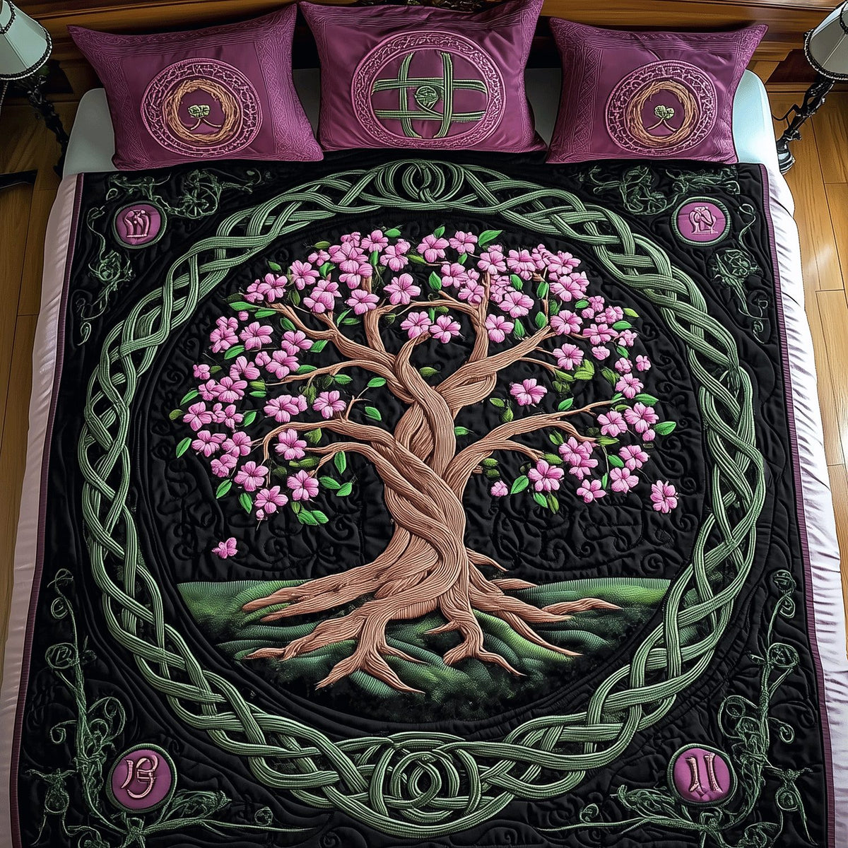 Roots of Tranquility quilted 3-piece bedding set on a made bed with two matching pillow shams