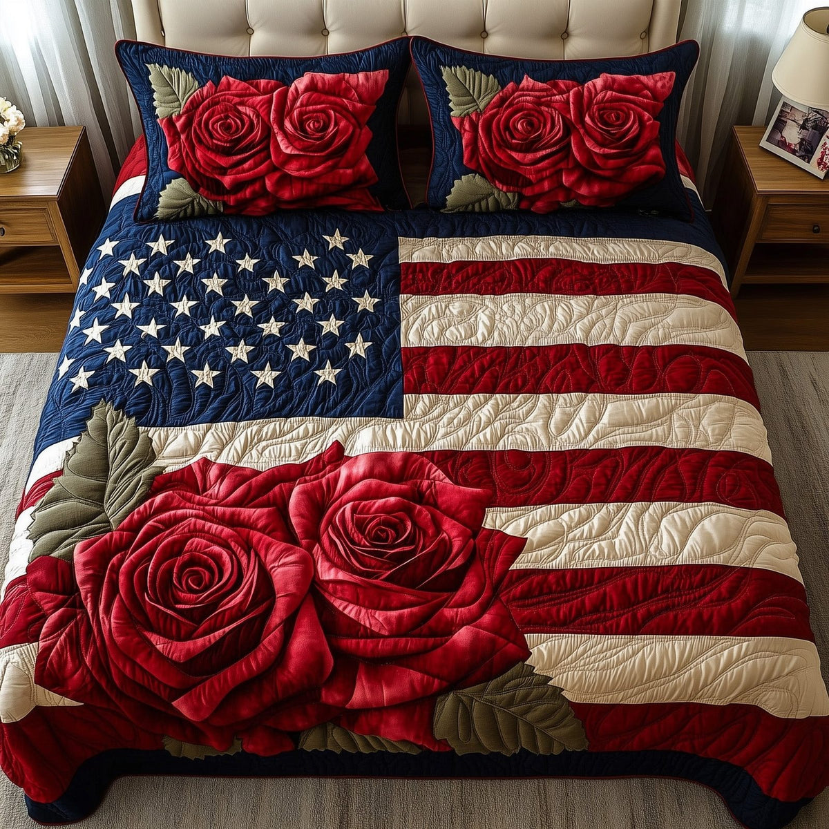 Rose and Glory quilted 3-piece bedding set on a made bed with two matching pillow shams