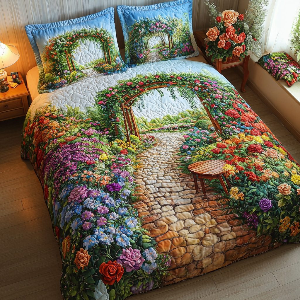 Rose Archway quilted 3-piece bedding set on a made bed with two matching pillow shams