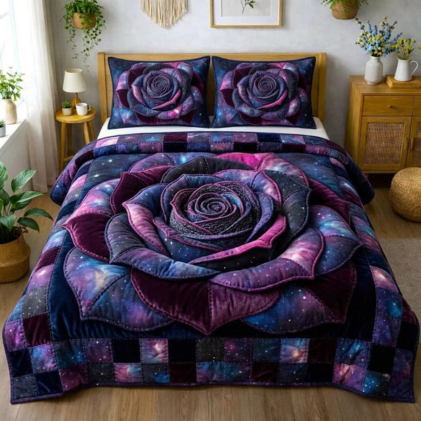 Rose Bloom quilted 3-piece bedding set on a made bed with two matching pillow shams