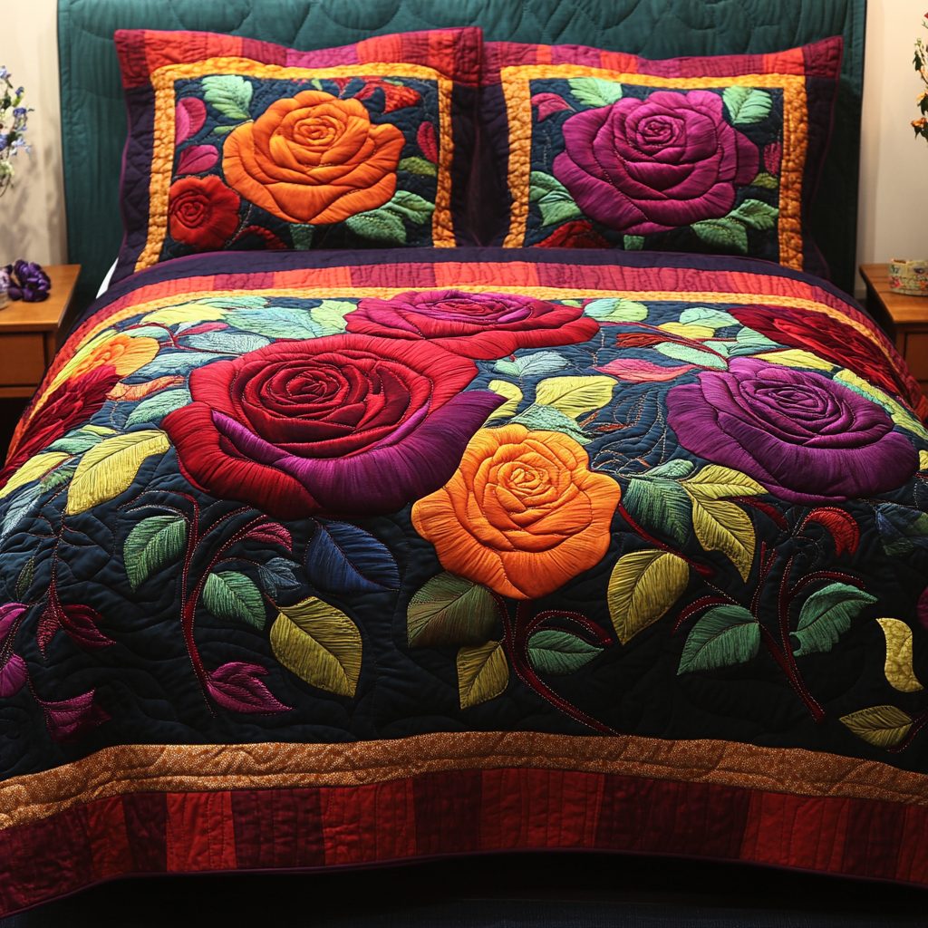 Rose Bloom quilted 3-piece bedding set on a made bed with two matching pillow shams