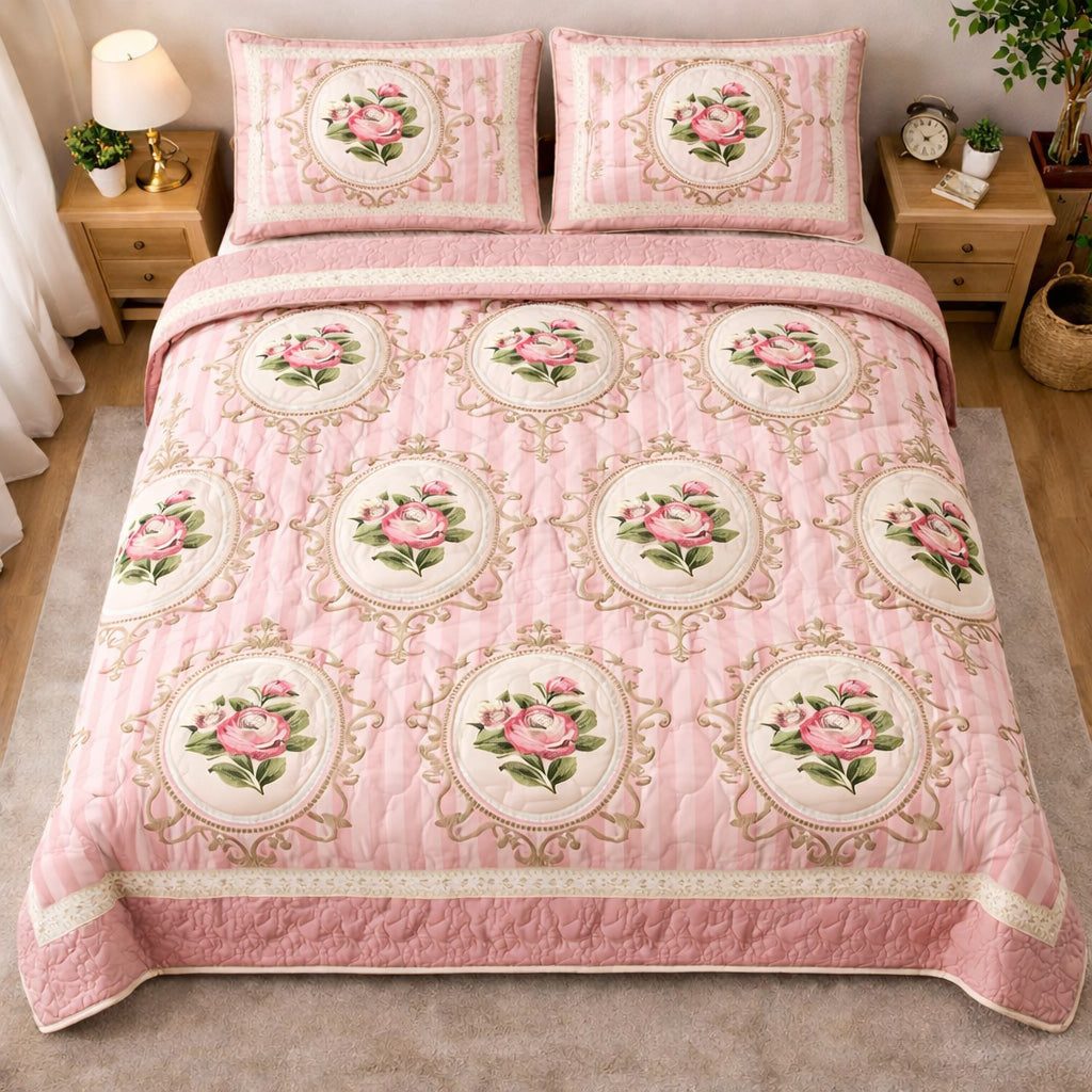 Rose Cottage quilted 3-piece bedding set on a made bed in a farmhouse bedroom