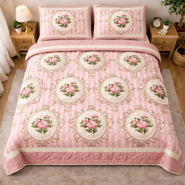 Rose Cottage quilted 3-piece bedding set on a made bed in a farmhouse bedroom
