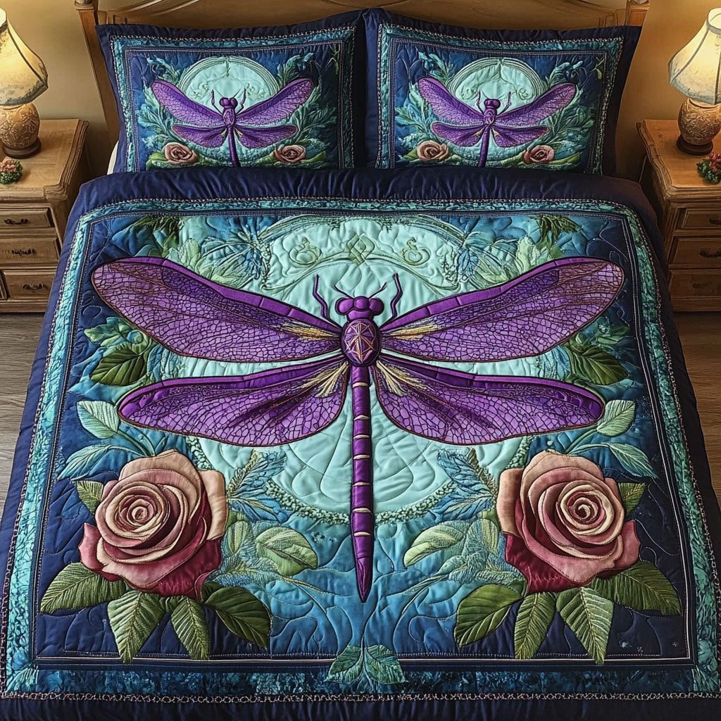 Rose Enchantment quilted 3-piece bedding set on a made bed with two matching pillow shams