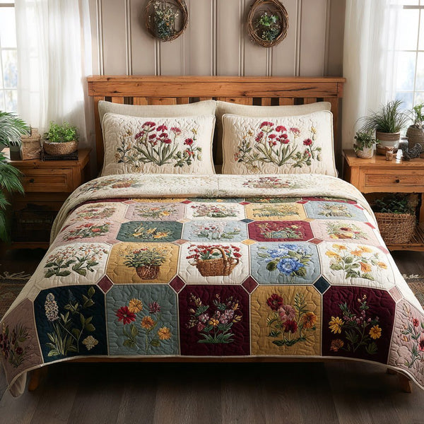 Rose Keepsake quilted 3-piece bedding set on a made bed with two matching pillow shams