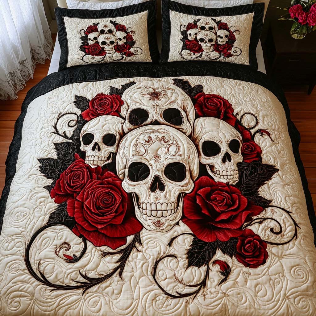 Rose Legion quilted 3-piece bedding set on a made bed with two matching pillow shams