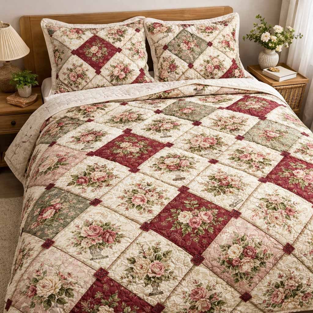 Rose Patch quilted 3-piece bedding set on a made bed with two matching pillow shams