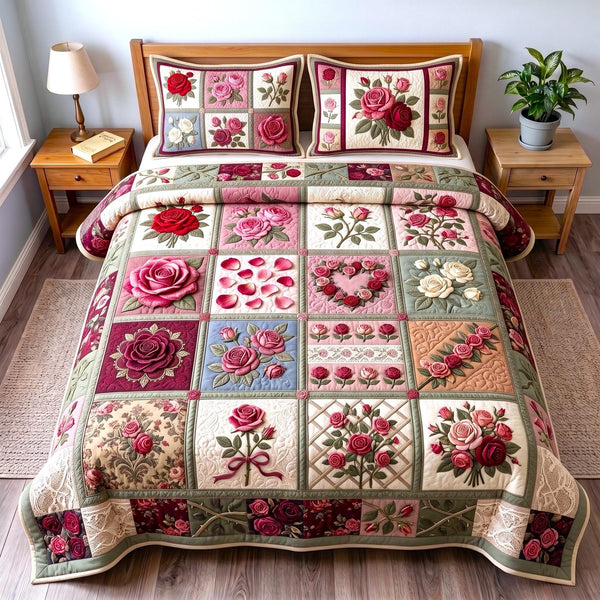 Rose Patchwork quilted 3-piece bedding set on a made bed in a farmhouse bedroom