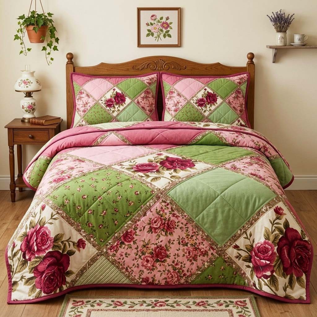 Rose Patchwork quilted 3-piece bedding set on a made bed in a farmhouse bedroom