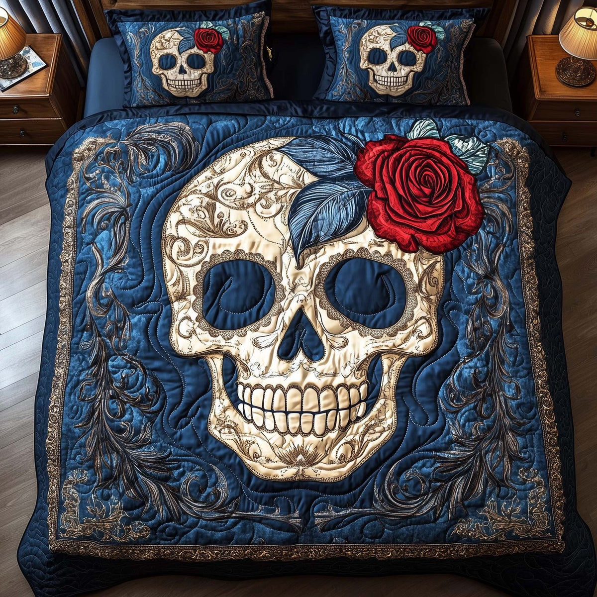Rose Skull quilted 3-piece bedding set on a made bed against a dark styled interior