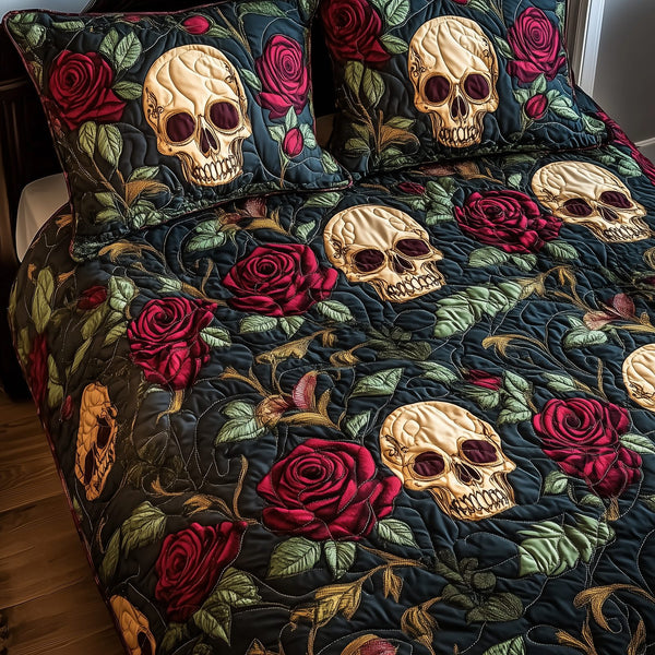 Rose Skull quilted 3-piece bedding set on a made bed against a dark styled interior