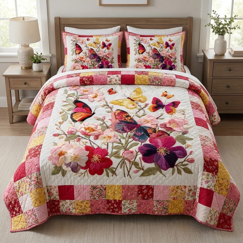 Rosewing Glow quilted 3-piece bedding set on a made bed with two matching pillow shams