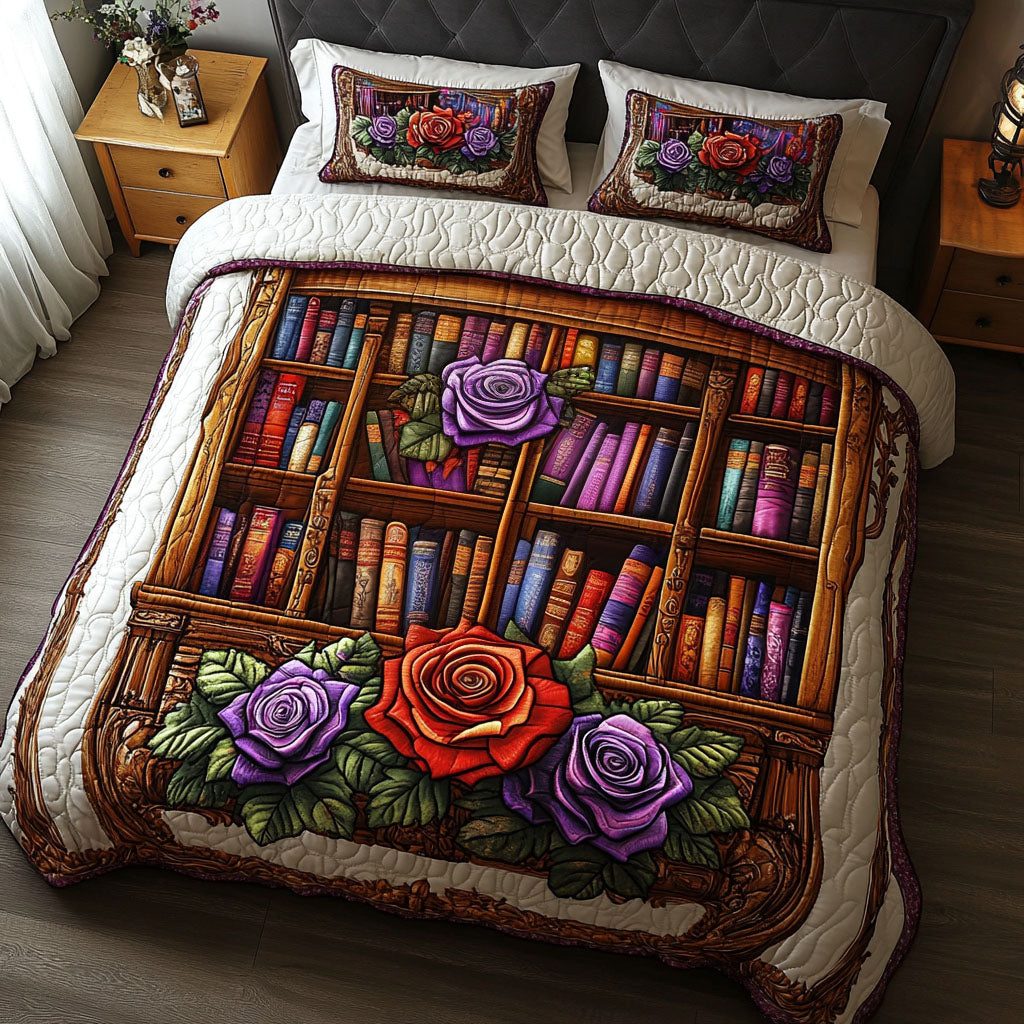 Rosewood Library quilted 3-piece bedding set on a made bed with two matching pillow shams