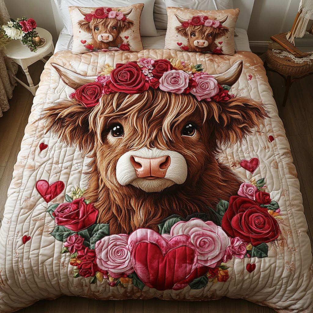 Rosie Glow quilted 3-piece bedding set on a made bed with two matching pillow shams